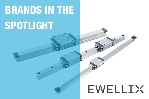 Image including Ewellix logo and three ball profile rail guides